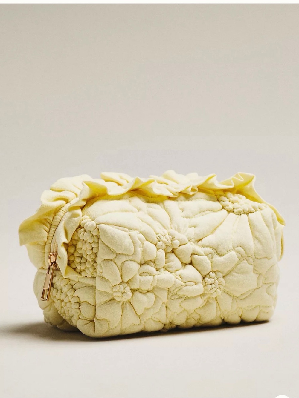 Cream Quilted Floral Cosmetic Pouch